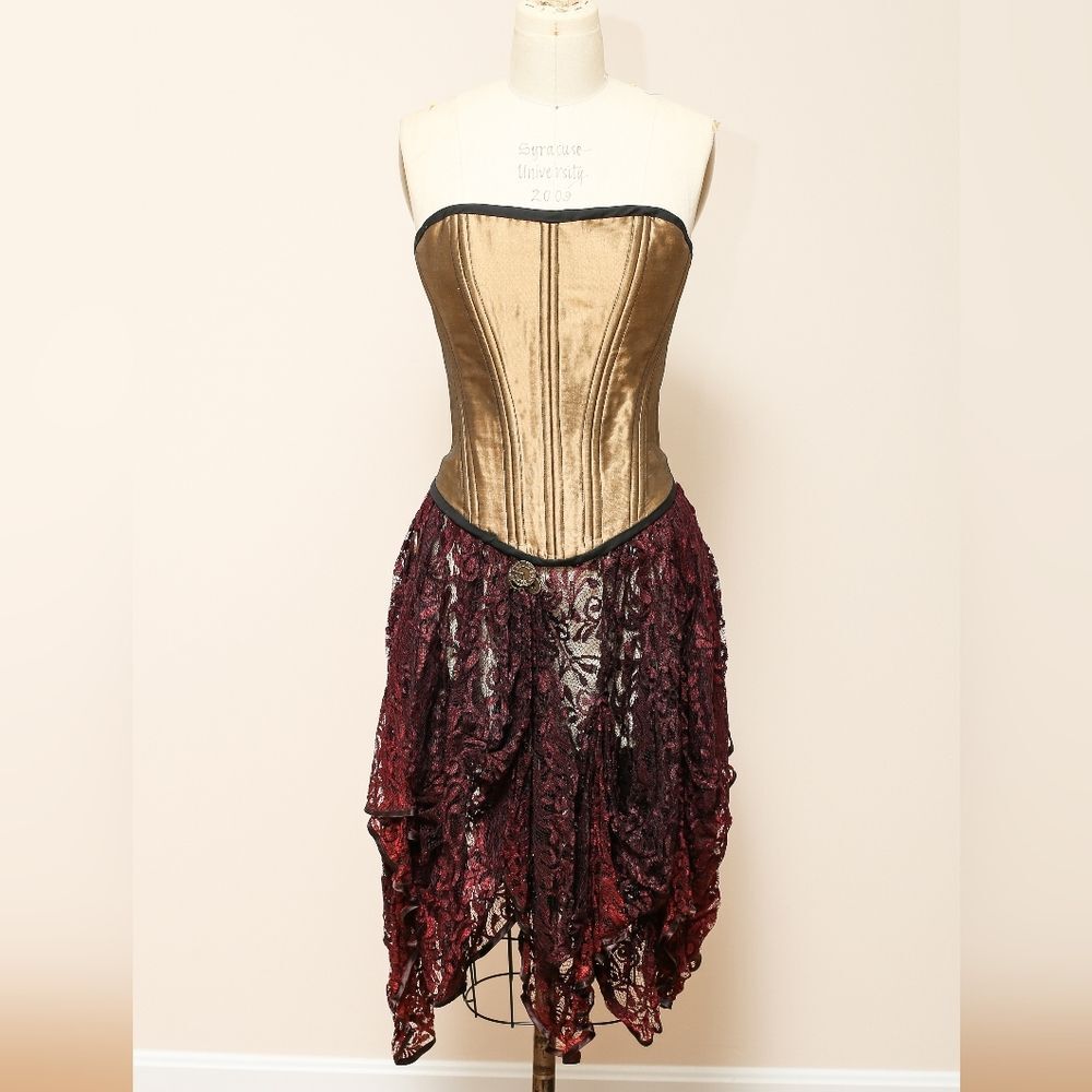 Gold Strapless Lace Up Corset Lace Fairy Grunge Witchy Steampunk Costum Dress
